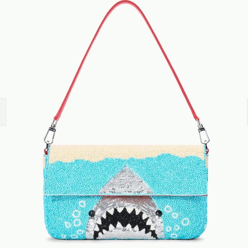 STAUD Sequin Shark Appliqué Beaded Shoulder Bag in Turquoise, Silver, Red